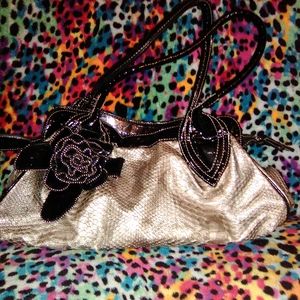 Designer silver and black leather rose purse